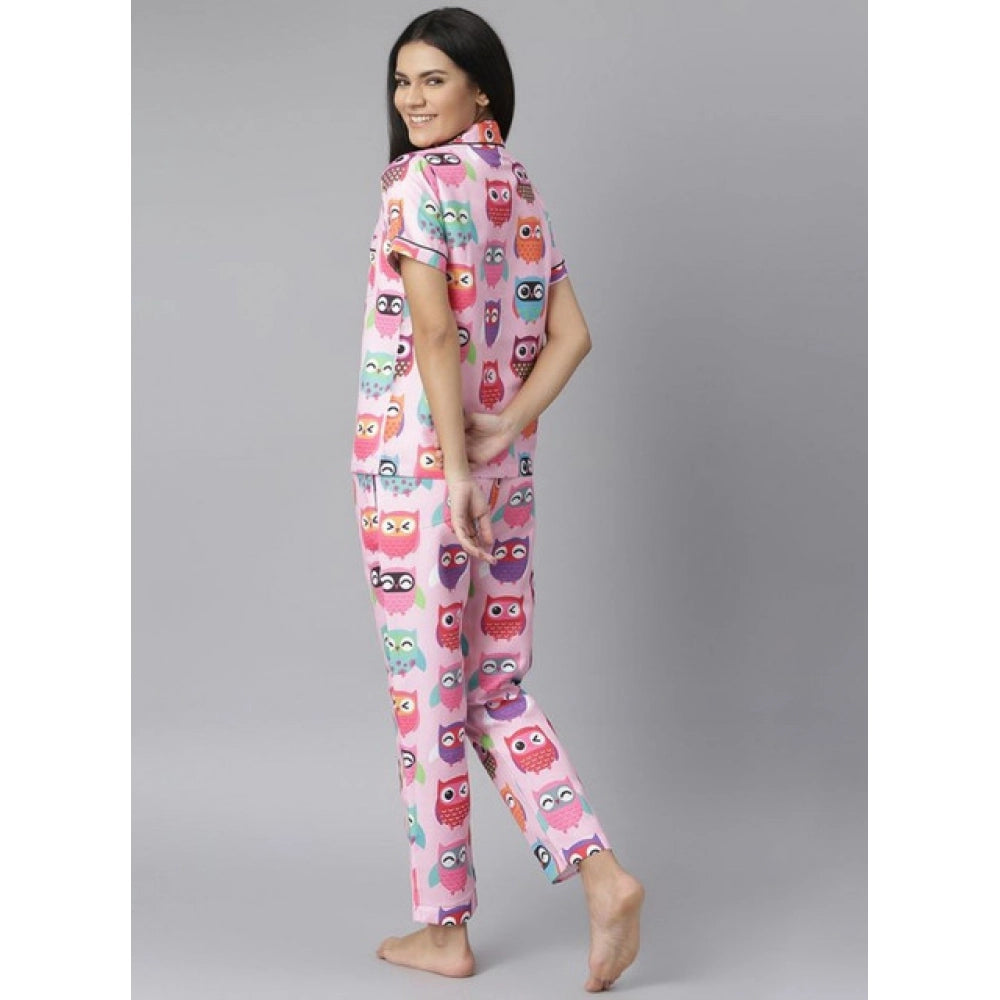 Amfyn Women's Cotton Blend Printed Short Sleeve Night Suit (Pink)