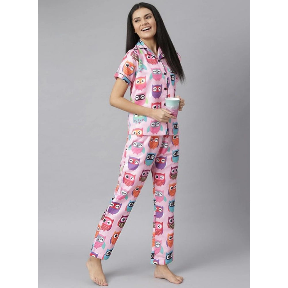 Amfyn Women's Cotton Blend Printed Short Sleeve Night Suit (Pink)