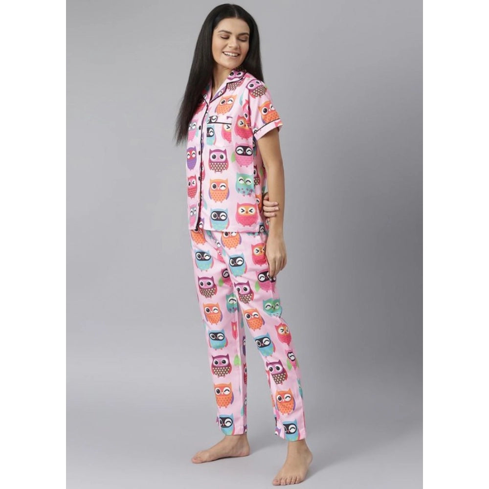 Amfyn Women's Cotton Blend Printed Short Sleeve Night Suit (Pink)
