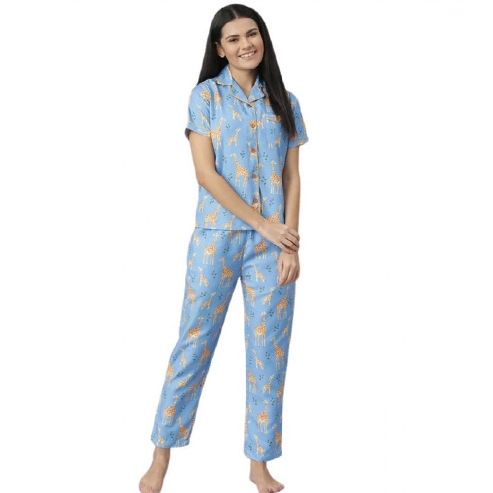 Amfyn Women's Cotton Blend Printed Short Sleeve Night Suit (Blue)