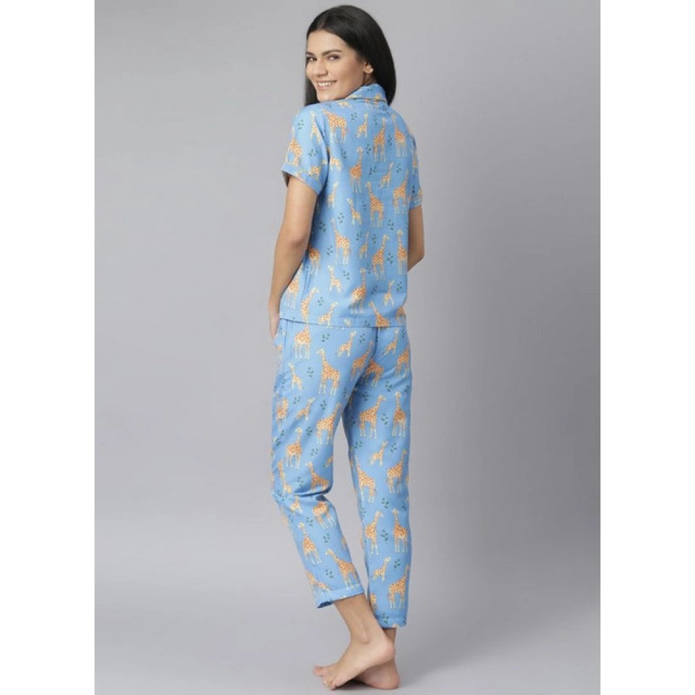Amfyn Women's Cotton Blend Printed Short Sleeve Night Suit (Blue)
