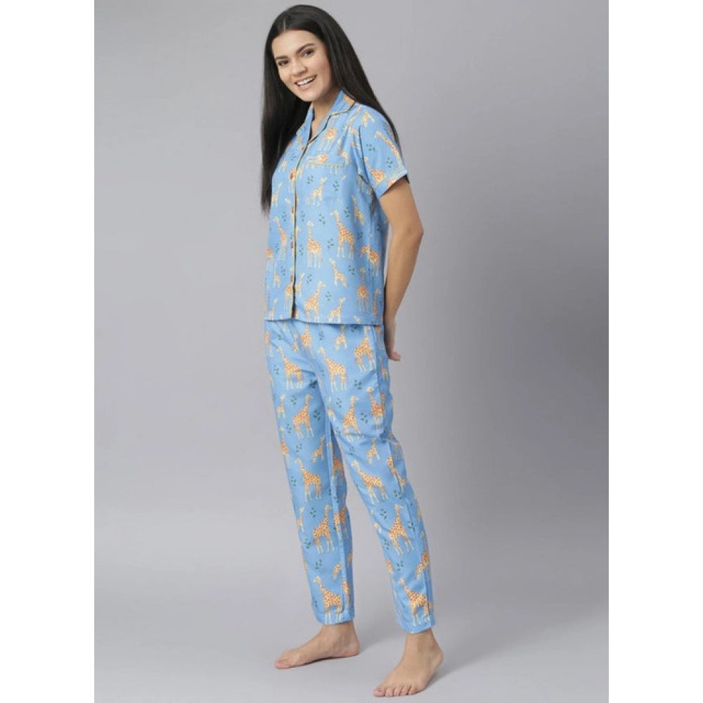 Amfyn Women's Cotton Blend Printed Short Sleeve Night Suit (Blue)
