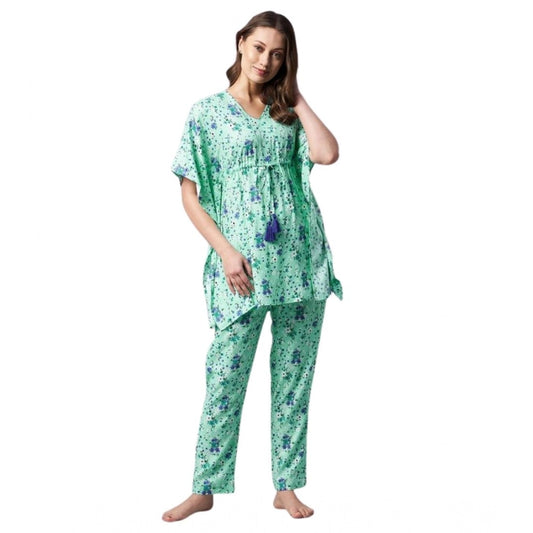 Amfyn Women's Rayon Floral Kaftan Sleeve Night Suit (Green - Blue)