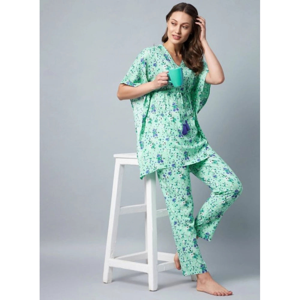 Amfyn Women's Rayon Floral Kaftan Sleeve Night Suit (Green - Blue)