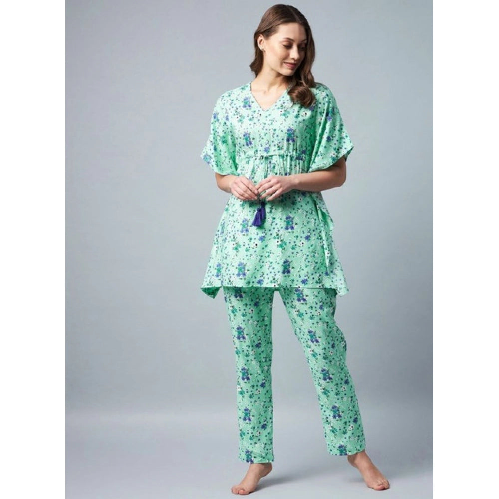 Amfyn Women's Rayon Floral Kaftan Sleeve Night Suit (Green - Blue)