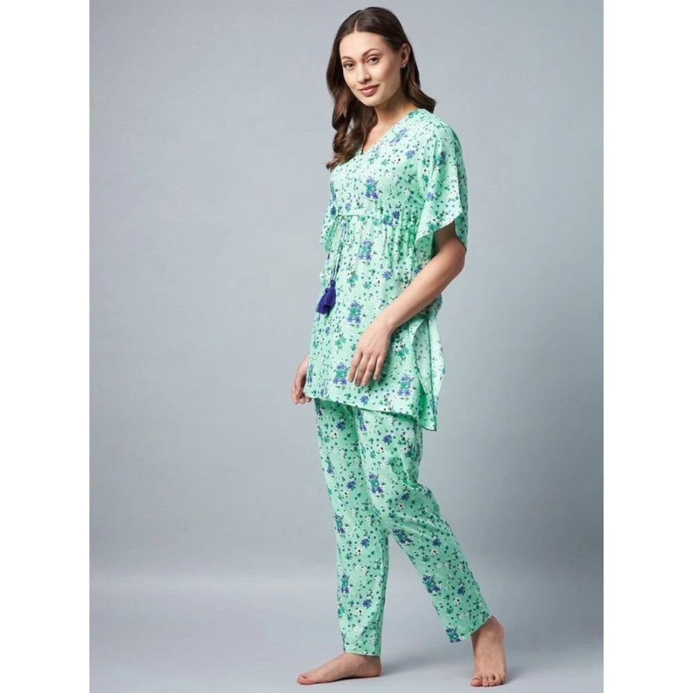 Amfyn Women's Rayon Floral Kaftan Sleeve Night Suit (Green - Blue)
