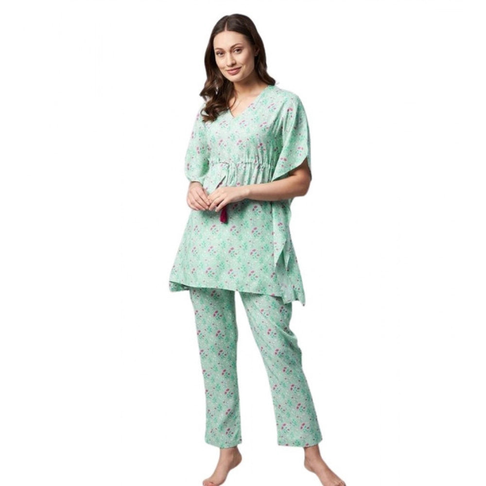 Amfyn Women's Rayon Floral Kaftan Sleeve Night Suit (Green - Pink)