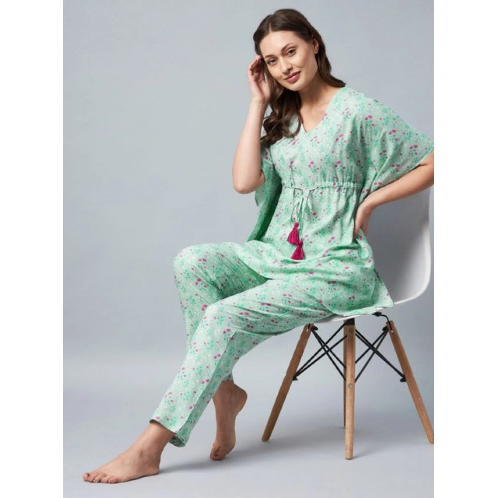 Amfyn Women's Rayon Floral Kaftan Sleeve Night Suit (Green - Pink)