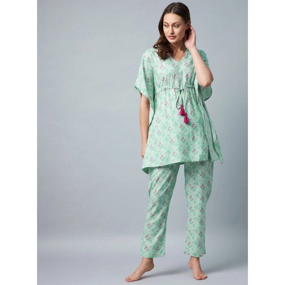 Amfyn Women's Rayon Floral Kaftan Sleeve Night Suit (Green - Pink)