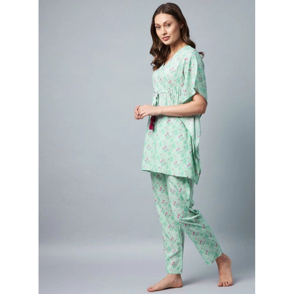 Amfyn Women's Rayon Floral Kaftan Sleeve Night Suit (Green - Pink)
