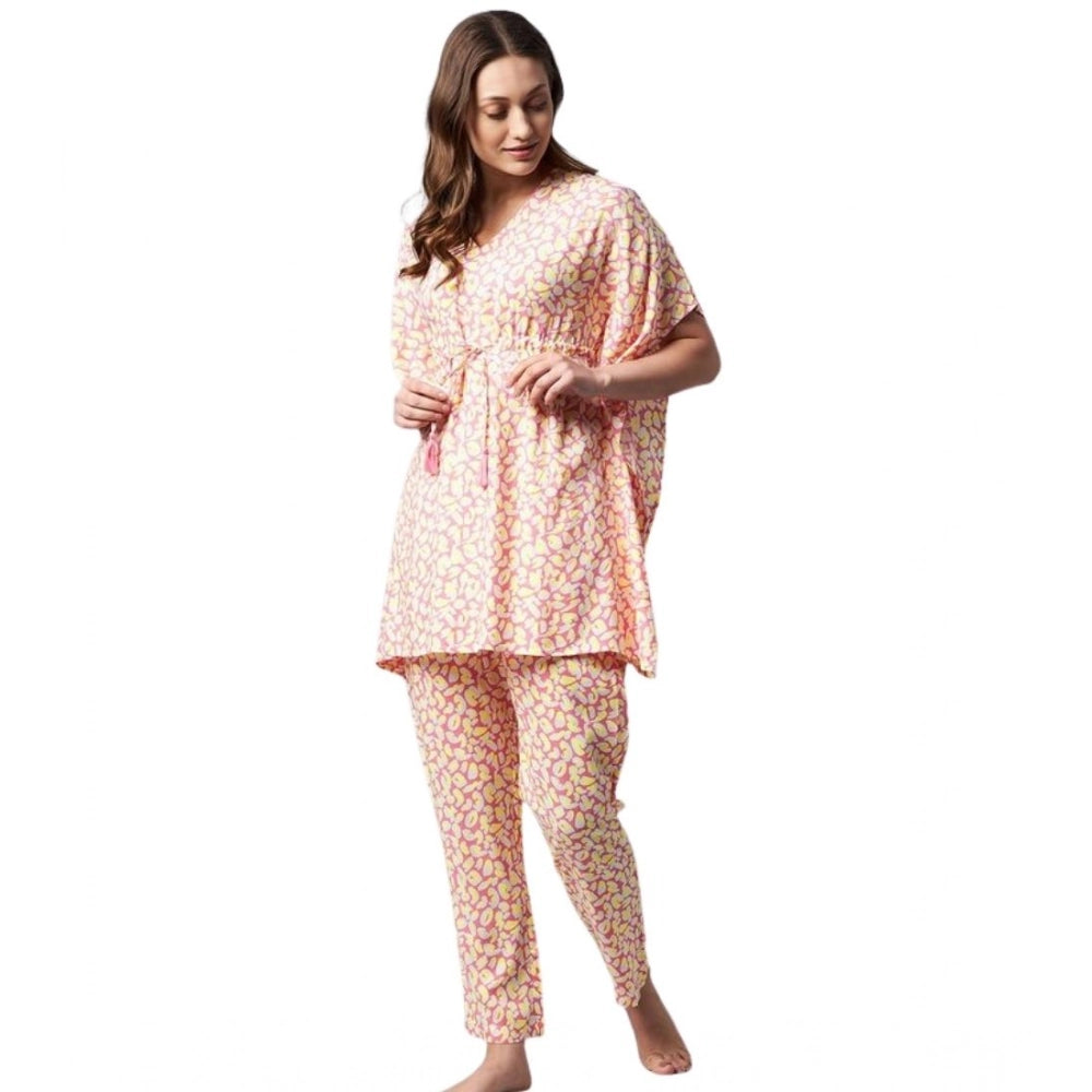 Amfyn Women's Rayon Tie And Dye Kaftan Sleeve Night Suit (Multicolor)