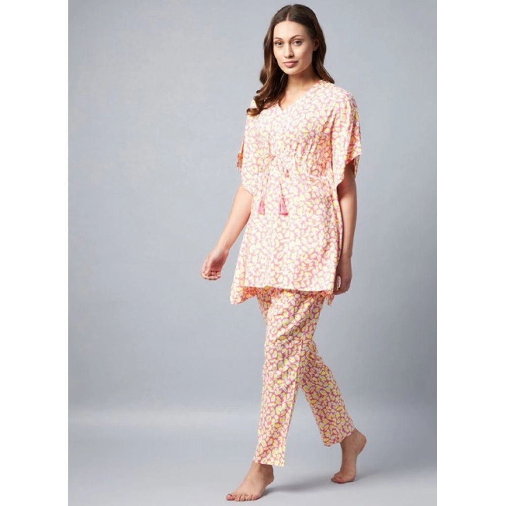 Amfyn Women's Rayon Tie And Dye Kaftan Sleeve Night Suit (Multicolor)