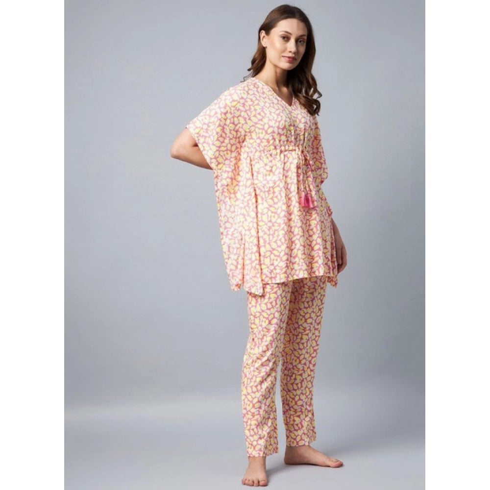 Amfyn Women's Rayon Tie And Dye Kaftan Sleeve Night Suit (Multicolor)