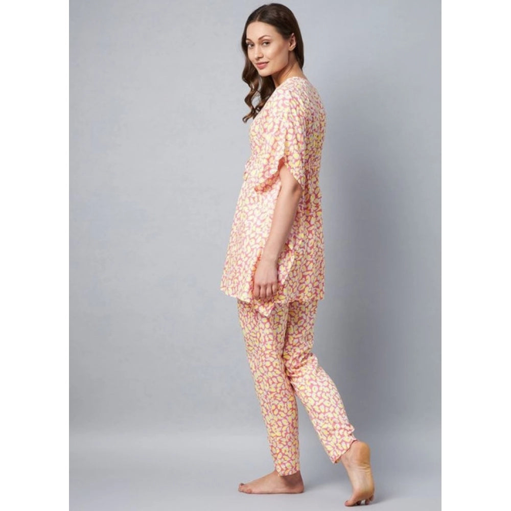 Amfyn Women's Rayon Tie And Dye Kaftan Sleeve Night Suit (Multicolor)