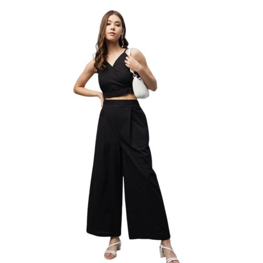 Amfyn Women's Cotton Linen Solid Sleeveless Crop Top and Palazzo Set (Black)