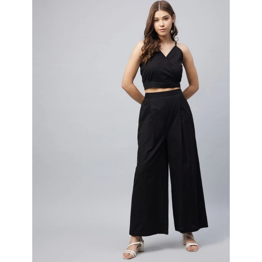 Amfyn Women's Cotton Linen Solid Sleeveless Crop Top and Palazzo Set (Black)