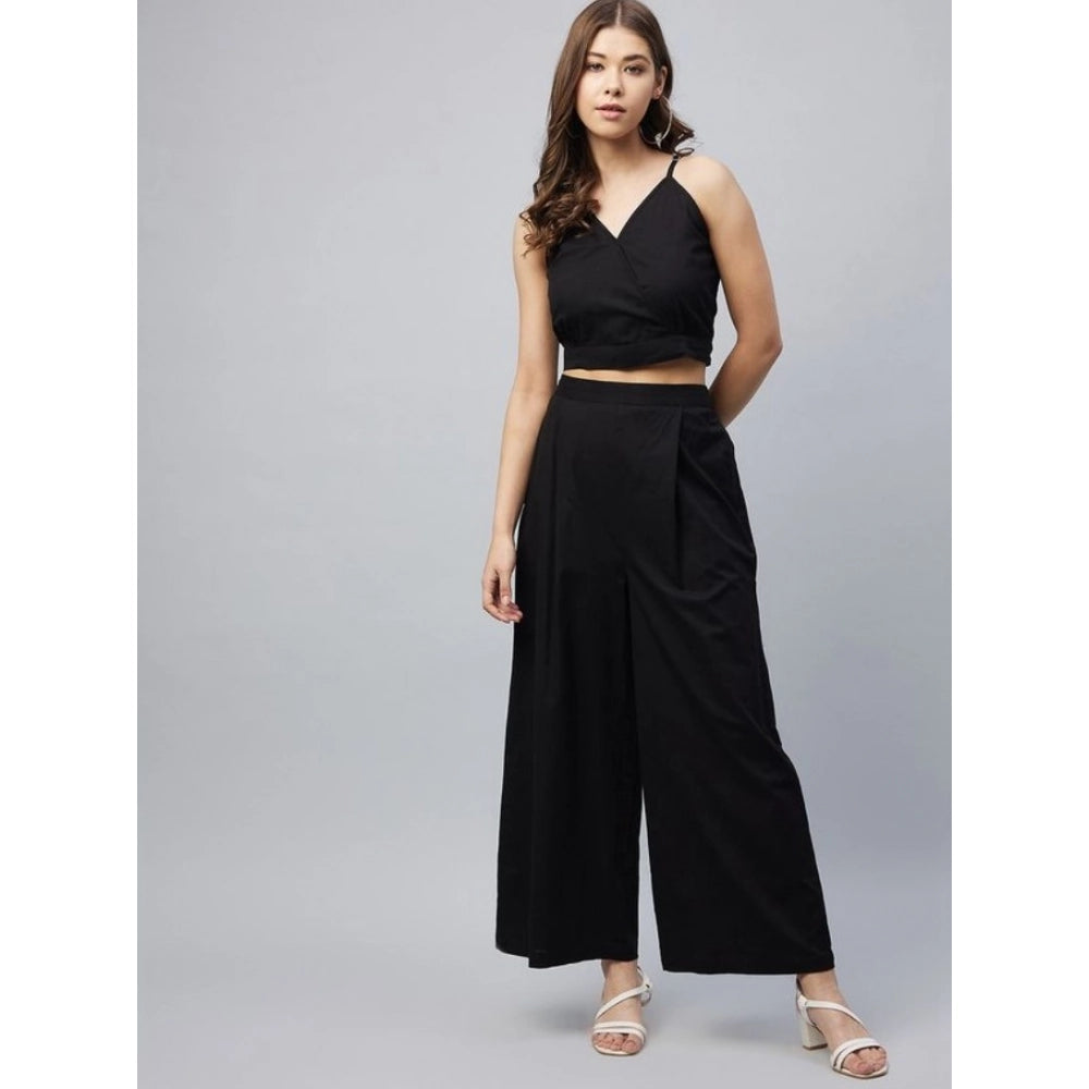 Amfyn Women's Cotton Linen Solid Sleeveless Crop Top and Palazzo Set (Black)
