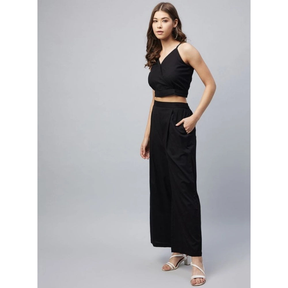 Amfyn Women's Cotton Linen Solid Sleeveless Crop Top and Palazzo Set (Black)