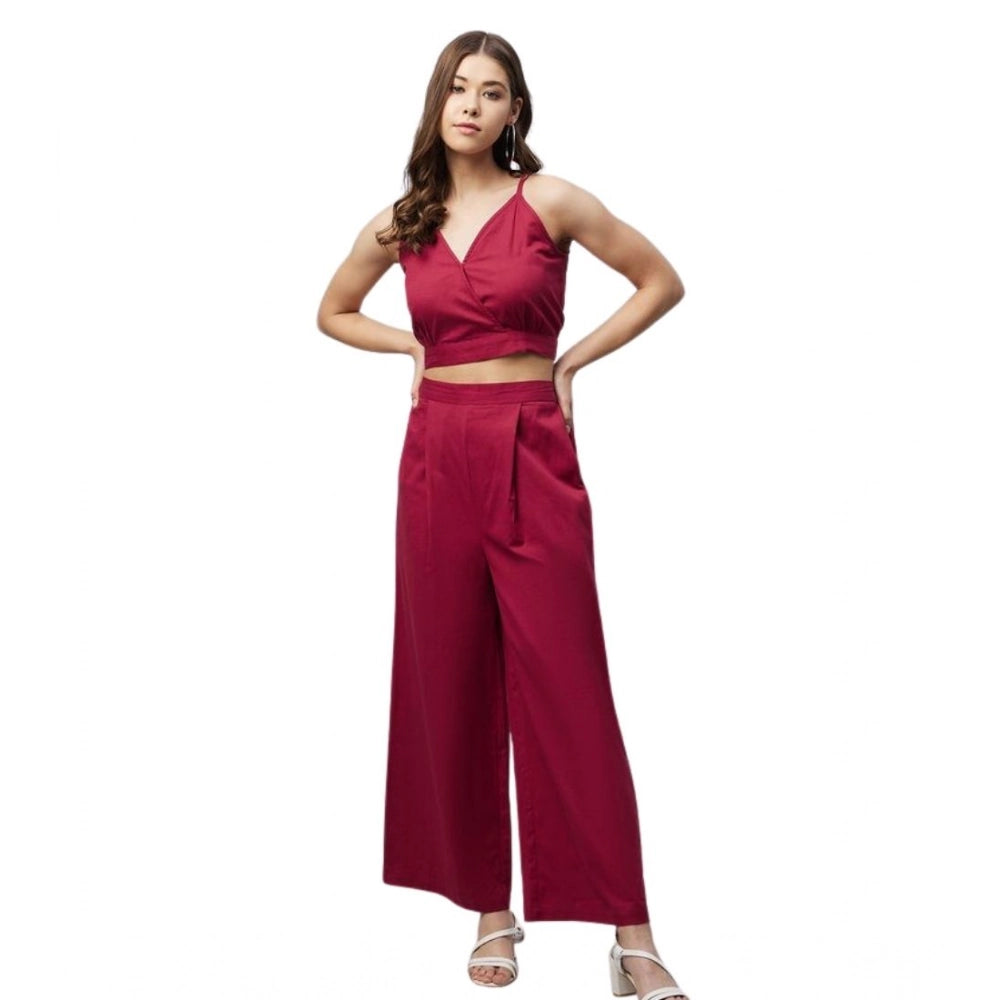 Amfyn Women's Cotton Linen Solid Sleeveless Crop Top and Palazzo Set (Maroon)