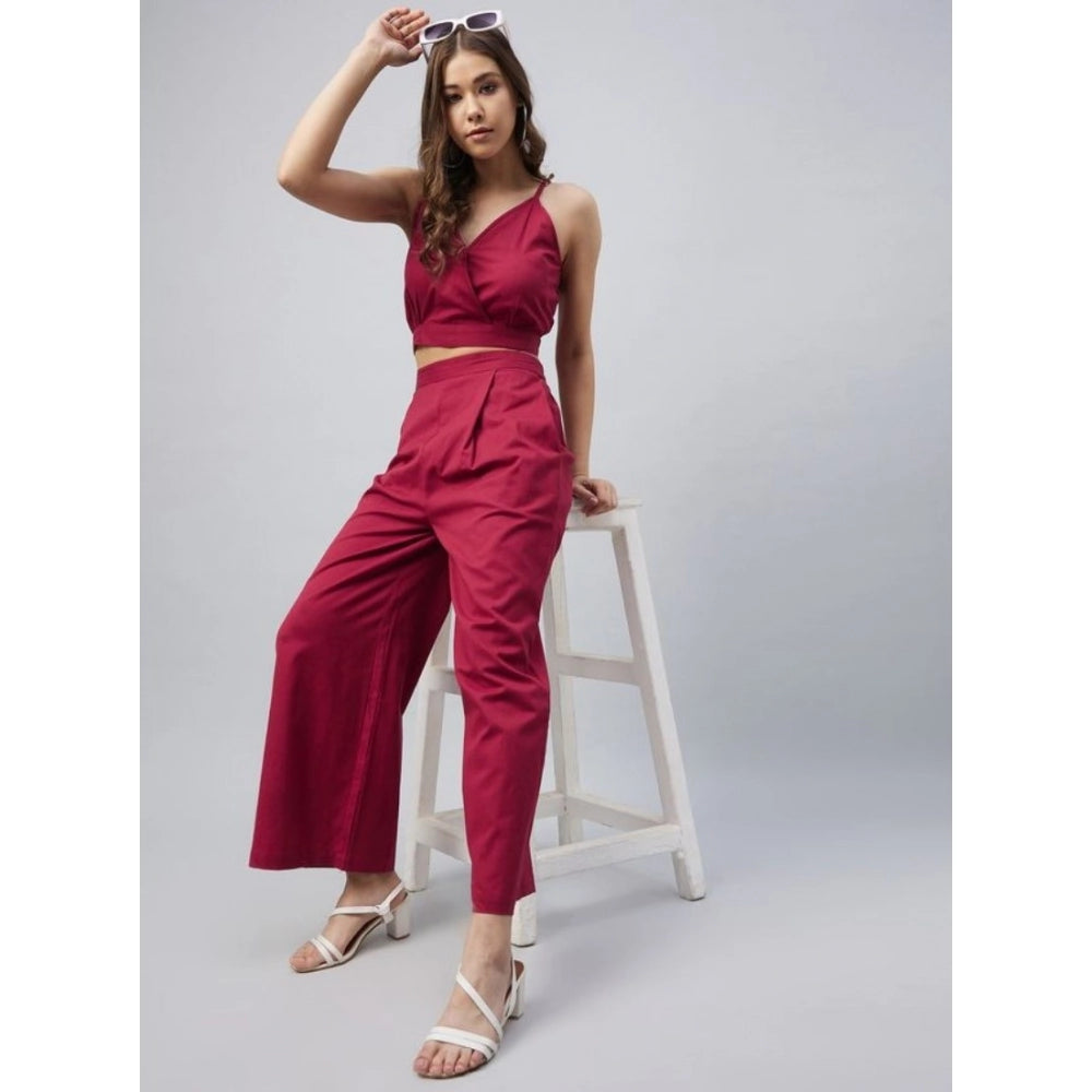 Amfyn Women's Cotton Linen Solid Sleeveless Crop Top and Palazzo Set (Maroon)