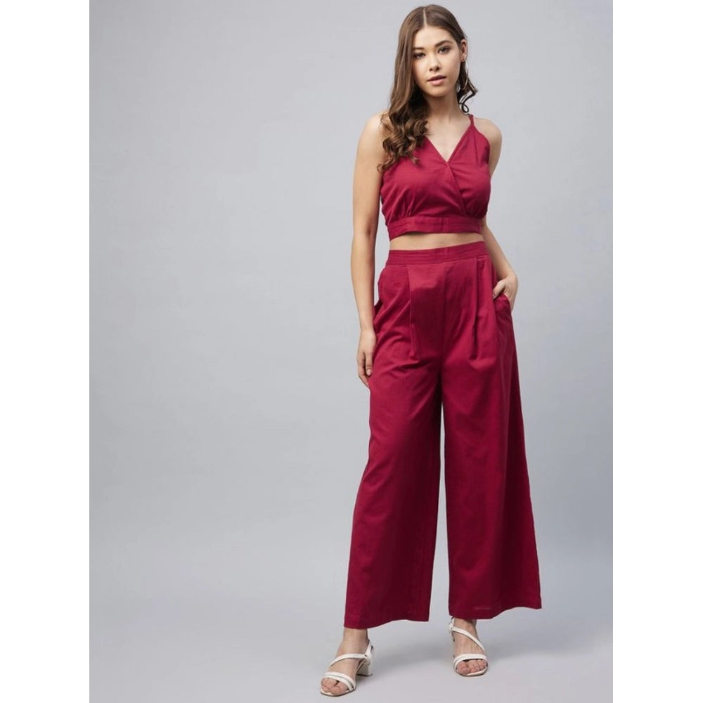 Amfyn Women's Cotton Linen Solid Sleeveless Crop Top and Palazzo Set (Maroon)