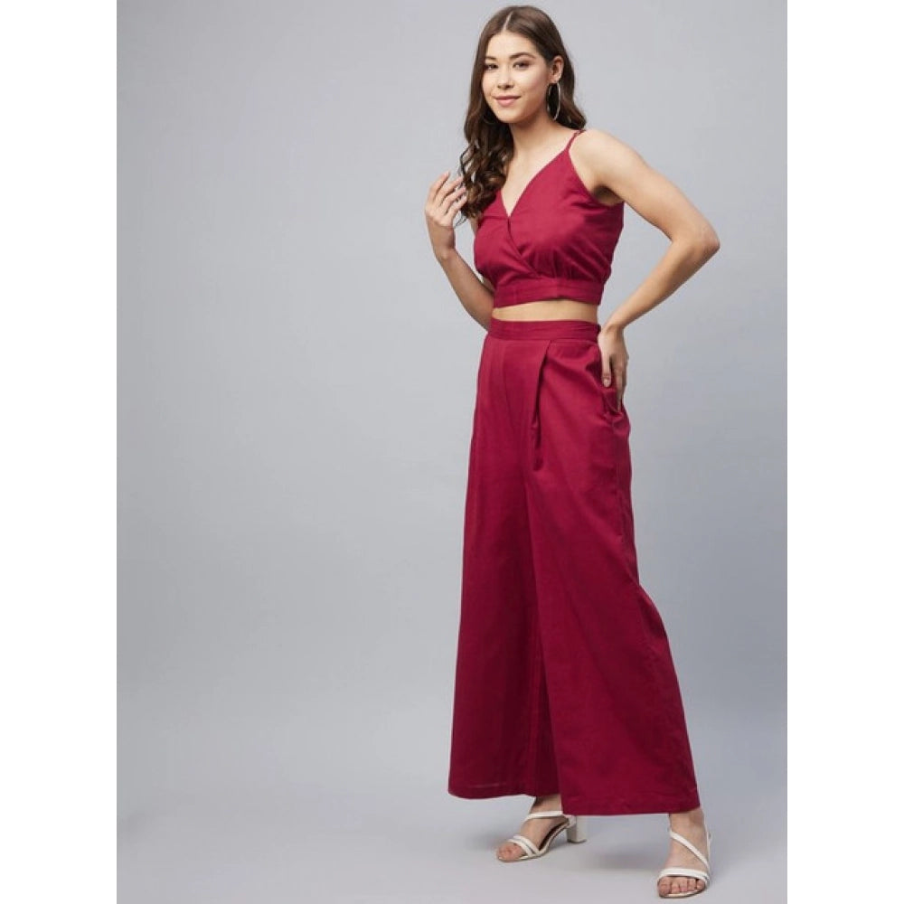 Amfyn Women's Cotton Linen Solid Sleeveless Crop Top and Palazzo Set (Maroon)