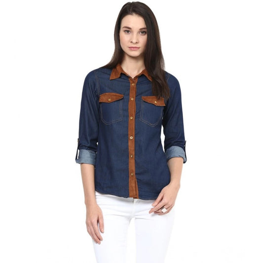 Amfyn Women's Denim Cotton based Solid Long Sleeves Shirt (Blue)