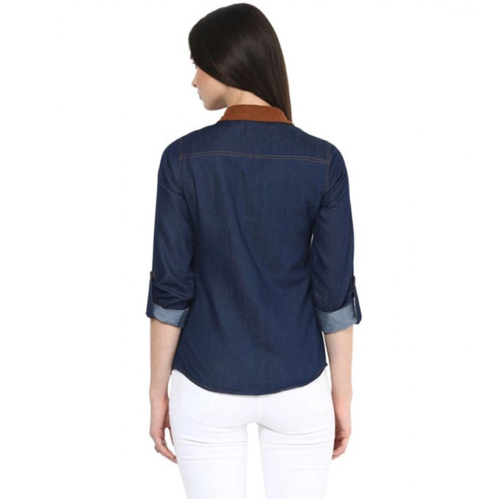 Amfyn Women's Denim Cotton based Solid Long Sleeves Shirt (Blue)