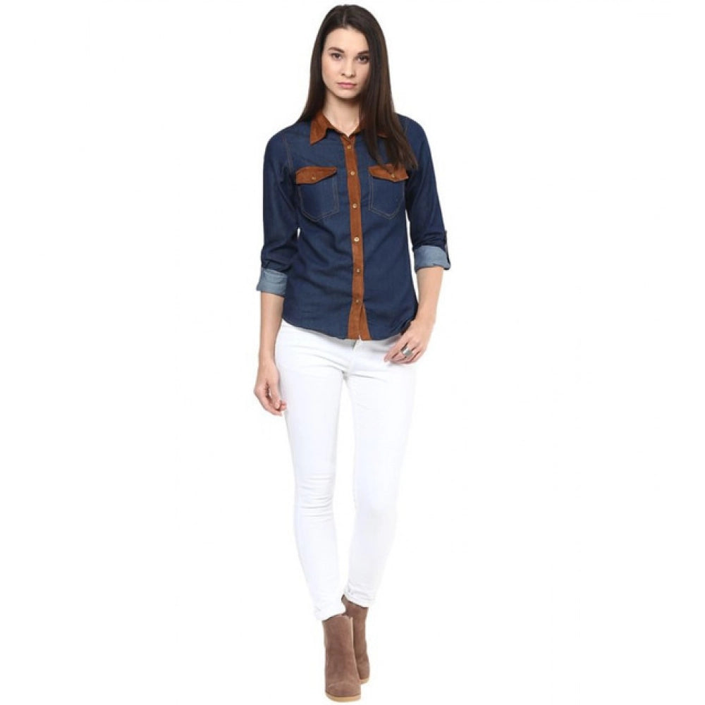 Amfyn Women's Denim Cotton based Solid Long Sleeves Shirt (Blue)