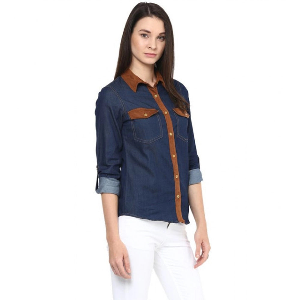 Amfyn Women's Denim Cotton based Solid Long Sleeves Shirt (Blue)