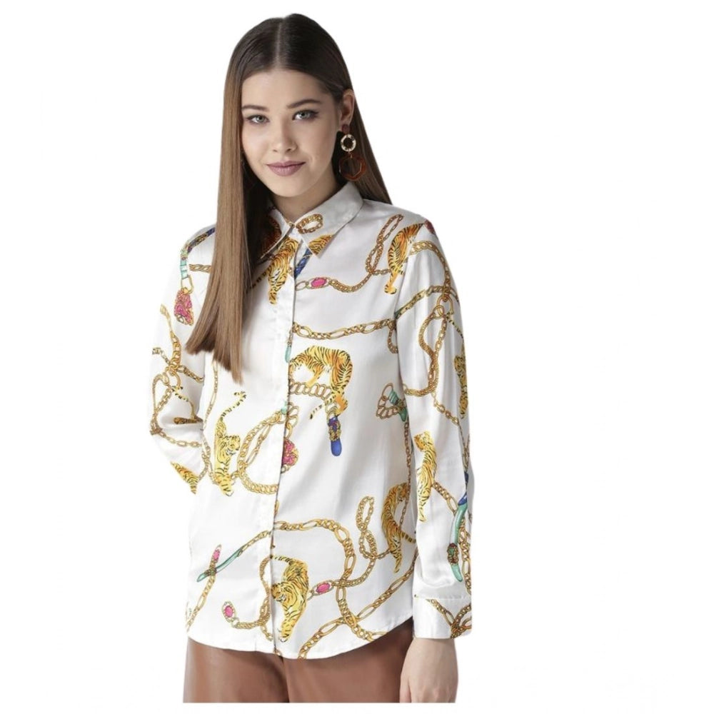 Amfyn Women's Satin Printed Long Sleeves Shirt (White-Gold)