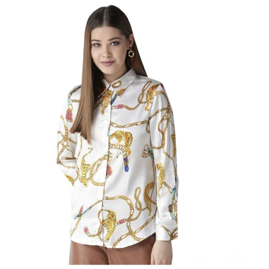 Amfyn Women's Satin Printed Long Sleeves Shirt (White-Gold)