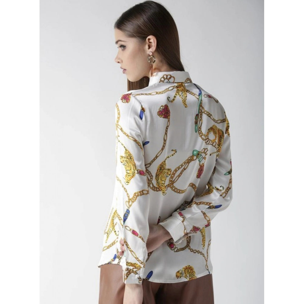 Amfyn Women's Satin Printed Long Sleeves Shirt (White-Gold)