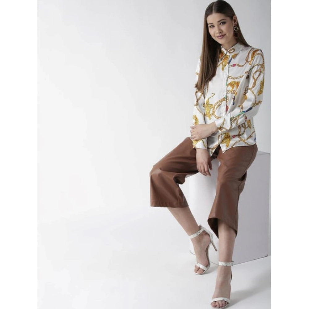 Amfyn Women's Satin Printed Long Sleeves Shirt (White-Gold)