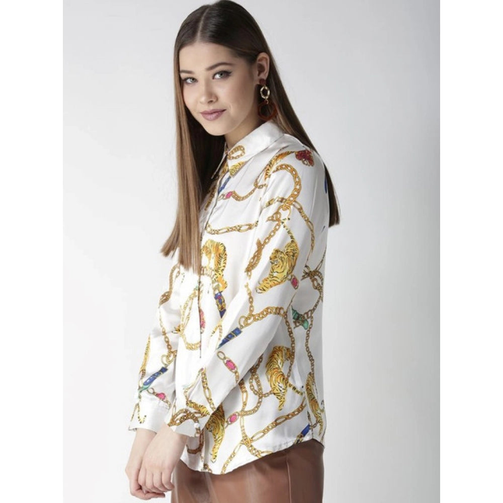 Amfyn Women's Satin Printed Long Sleeves Shirt (White-Gold)
