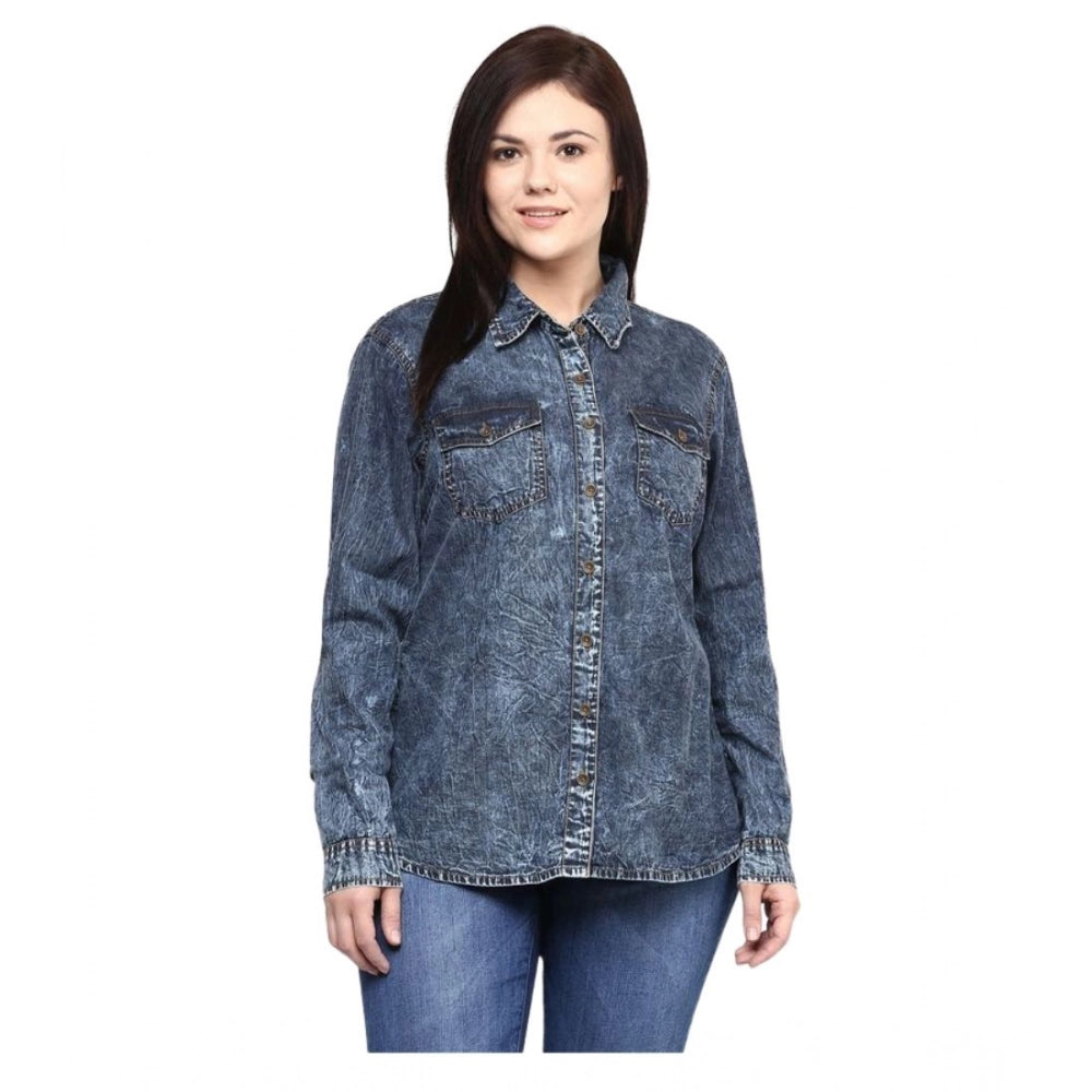 Amfyn Women's Denim Solid Long Sleeves Shirt (Blue)