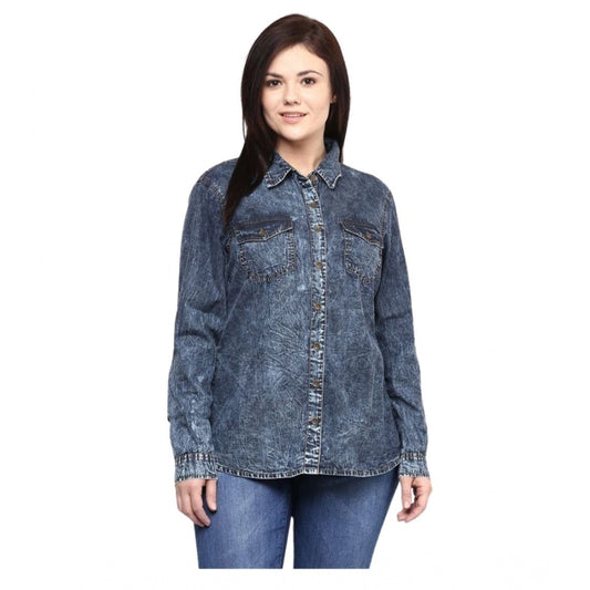 Amfyn Women's Denim Solid Long Sleeves Shirt (Blue)