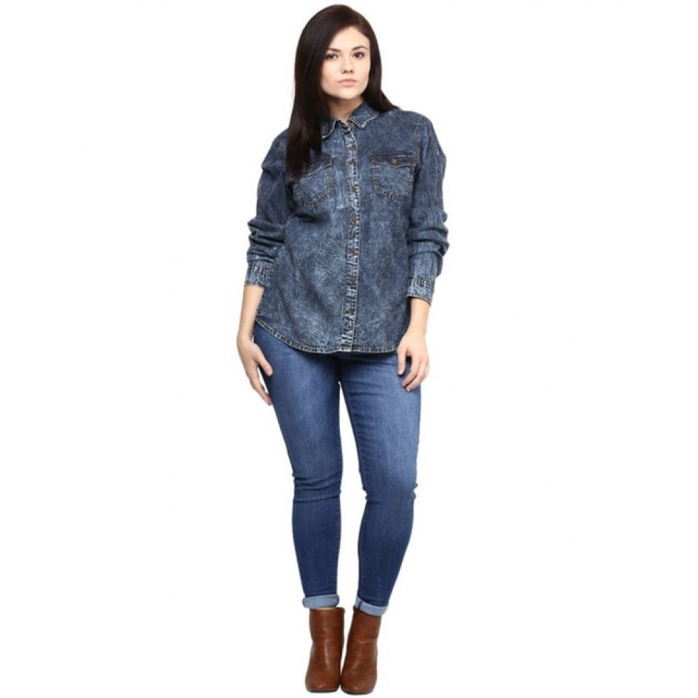 Amfyn Women's Denim Solid Long Sleeves Shirt (Blue)