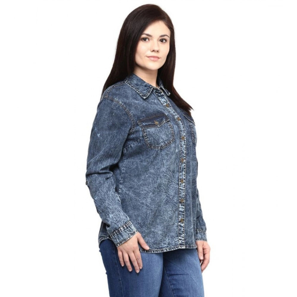 Amfyn Women's Denim Solid Long Sleeves Shirt (Blue)