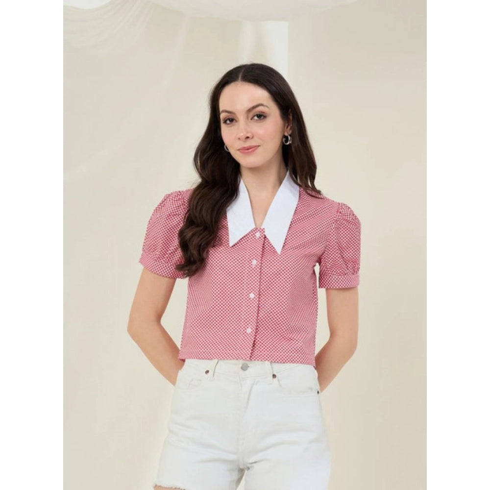 Amfyn Women's Cotton Checkered Half Sleeve Shirt (Red - White)