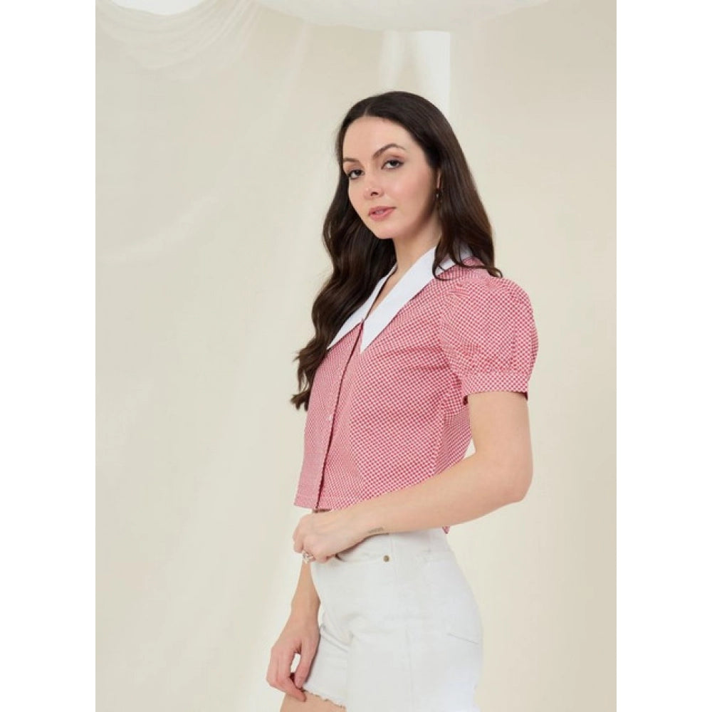 Amfyn Women's Cotton Checkered Half Sleeve Shirt (Red - White)