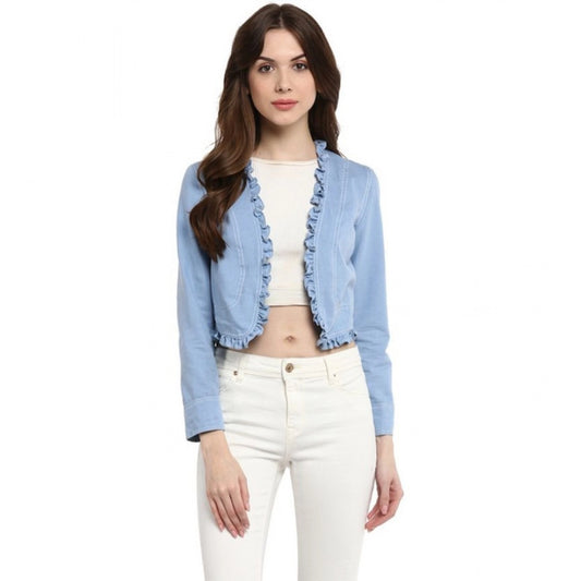 Amfyn Women's Denim Ruffled Long Sleeves Shrug (Blue)