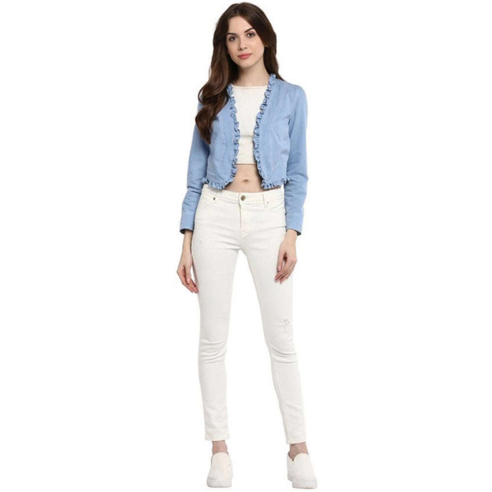 Amfyn Women's Denim Ruffled Long Sleeves Shrug (Blue)