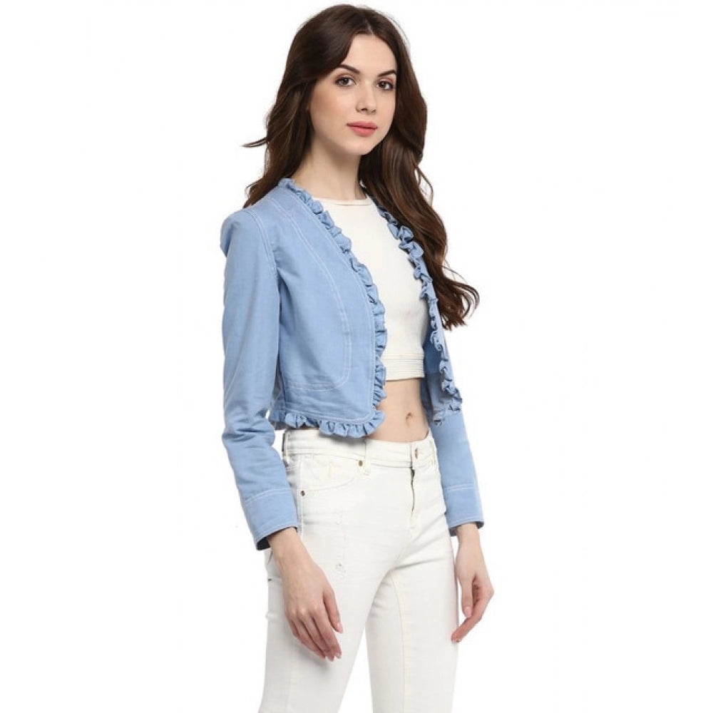 Amfyn Women's Denim Ruffled Long Sleeves Shrug (Blue)