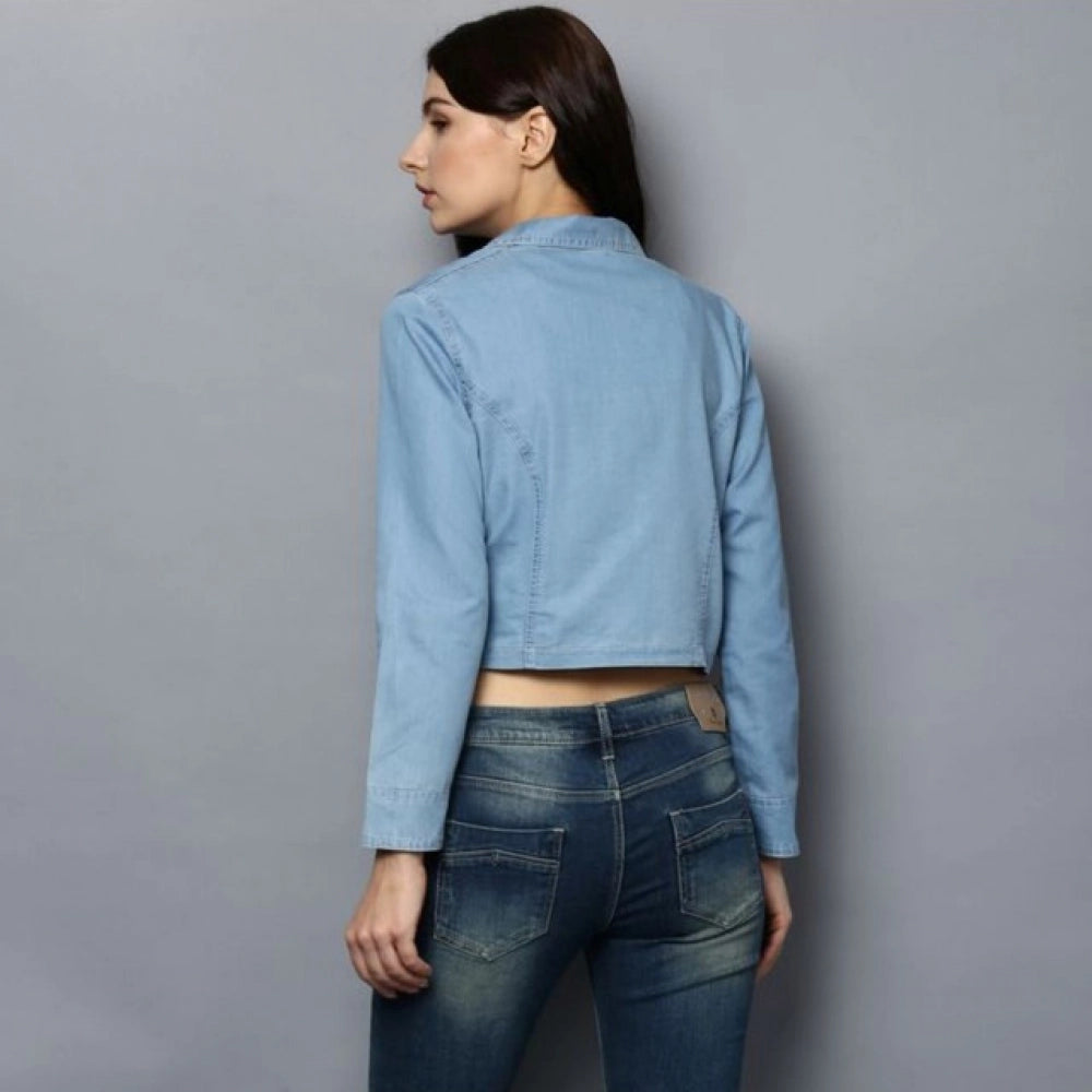 Amfyn Women's Denim Solid 3-4th Sleeves Shrug (Blue)