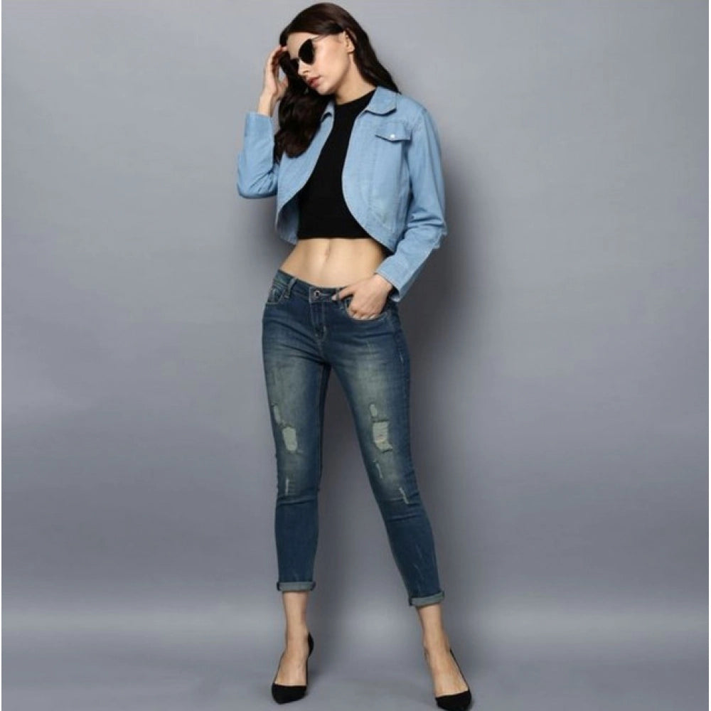 Amfyn Women's Denim Solid 3-4th Sleeves Shrug (Blue)