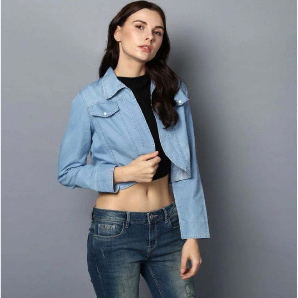 Amfyn Women's Denim Solid 3-4th Sleeves Shrug (Blue)