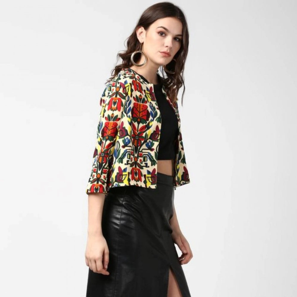 Amfyn Women's Polyester Floral 3-4th Sleeves Shrug (Multicolor)