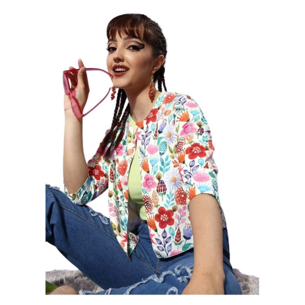 Amfyn Women's Polyester Floral 3-4th Sleeves Shrug (Multicolor)
