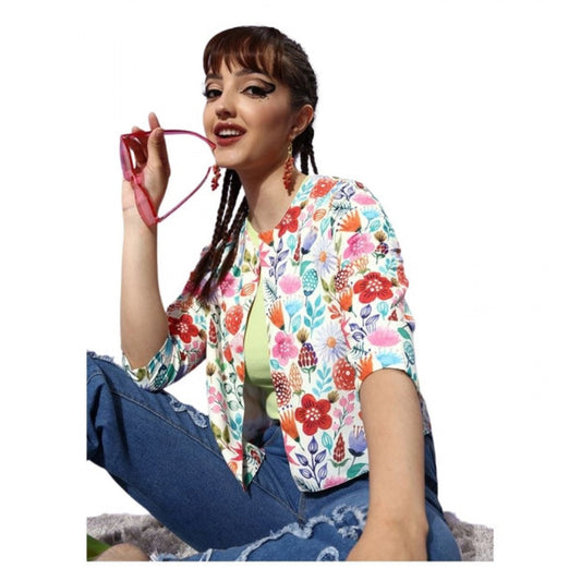 Amfyn Women's Polyester Floral 3-4th Sleeves Shrug (Multicolor)